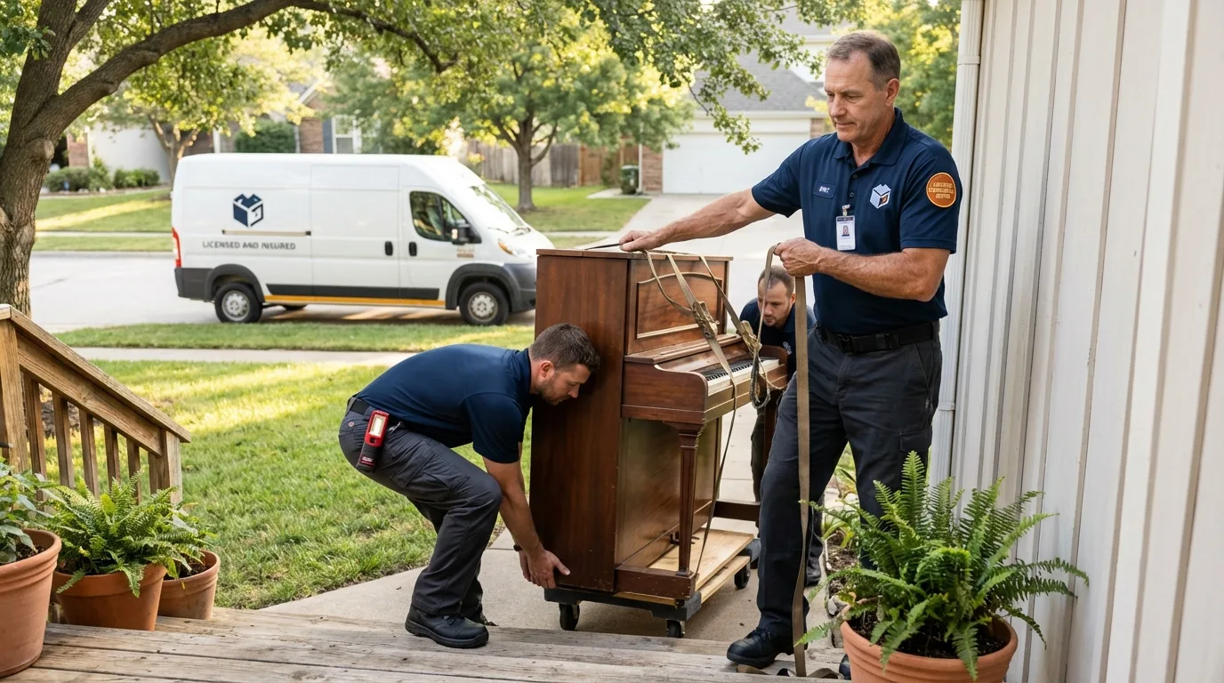 Licensed piano movers securing grand piano in Wallingford, CT