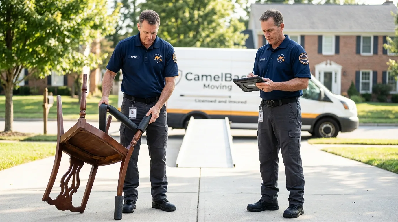 Movers inspecting furniture for damage prevention before loading in Wallingford, CT