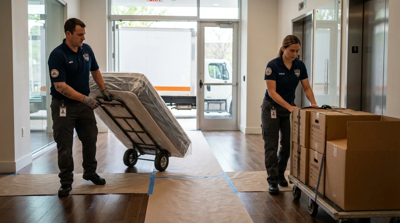 Professional apartment movers loading elevator in Wallingford, CT