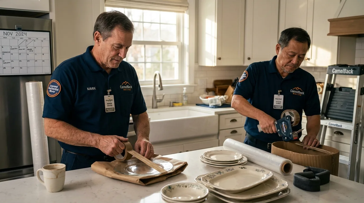 Professional crew packing kitchen dishware in Wallingford, CT